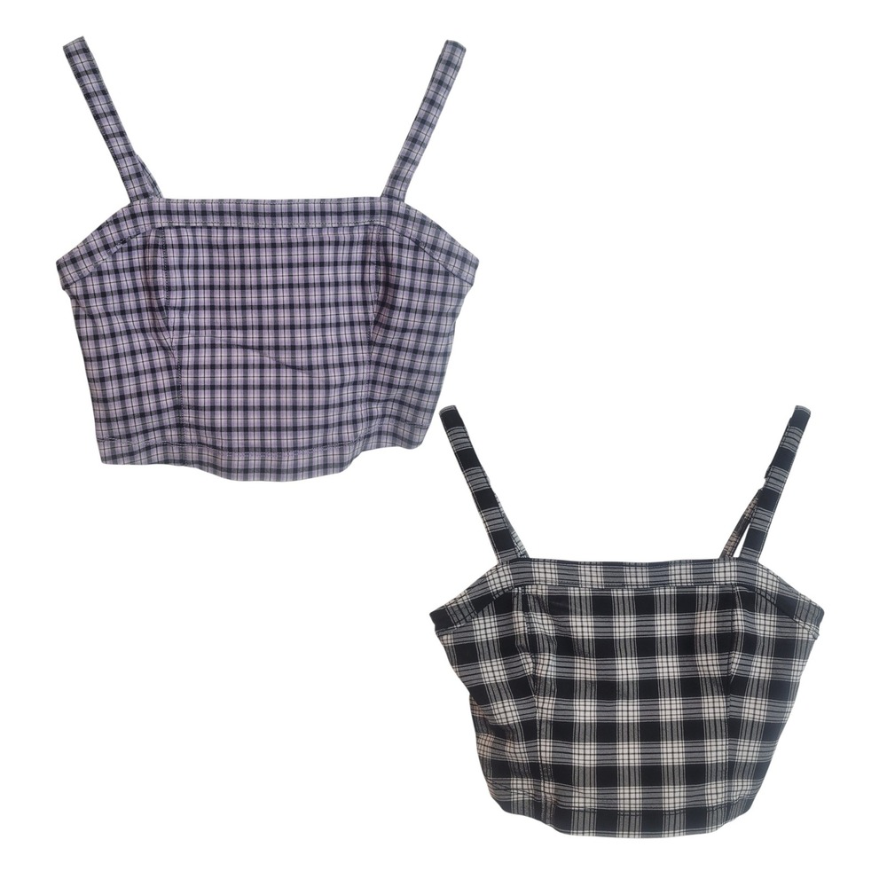 Hollister Plaid Crop Tank Top Bundle 2 Pack Purple Black White Stretch Womens S